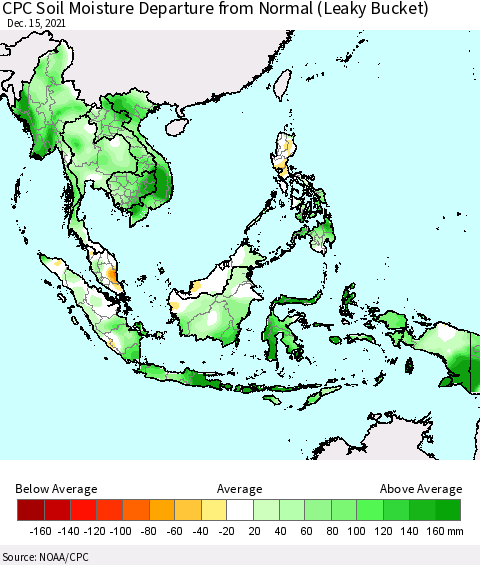 South East Asia CPC Soil Moisture Departure from Normal (Leaky Bucket) Thematic Map For 12/11/2021 - 12/15/2021