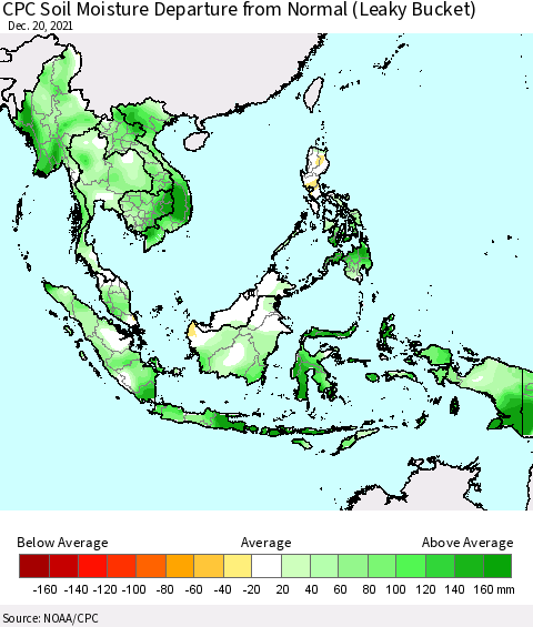 South East Asia CPC Soil Moisture Departure from Normal (Leaky Bucket) Thematic Map For 12/16/2021 - 12/20/2021