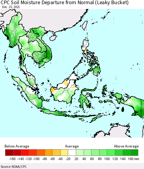 South East Asia CPC Soil Moisture Departure from Normal (Leaky Bucket) Thematic Map For 12/21/2021 - 12/25/2021
