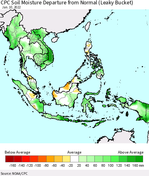 South East Asia CPC Soil Moisture Departure from Normal (Leaky Bucket) Thematic Map For 1/6/2022 - 1/10/2022
