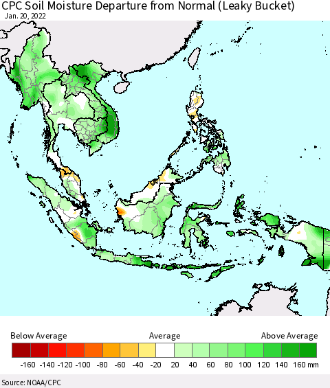 South East Asia CPC Soil Moisture Departure from Normal (Leaky Bucket) Thematic Map For 1/16/2022 - 1/20/2022
