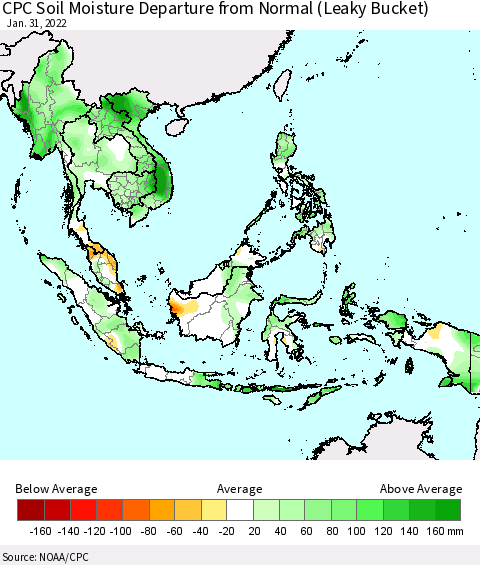 South East Asia CPC Soil Moisture Departure from Normal (Leaky Bucket) Thematic Map For 1/26/2022 - 1/31/2022