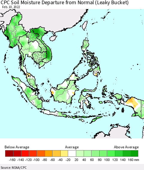 South East Asia CPC Soil Moisture Departure from Normal (Leaky Bucket) Thematic Map For 2/6/2022 - 2/10/2022