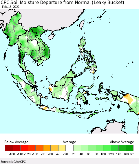 South East Asia CPC Soil Moisture Departure from Normal (Leaky Bucket) Thematic Map For 2/11/2022 - 2/15/2022