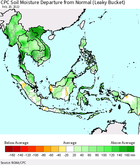South East Asia CPC Soil Moisture Departure from Normal (Leaky Bucket) Thematic Map For 2/16/2022 - 2/20/2022