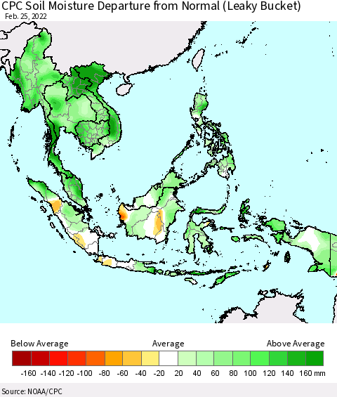 South East Asia CPC Soil Moisture Departure from Normal (Leaky Bucket) Thematic Map For 2/21/2022 - 2/25/2022
