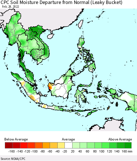 South East Asia CPC Soil Moisture Departure from Normal (Leaky Bucket) Thematic Map For 2/26/2022 - 2/28/2022