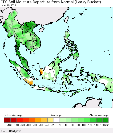 South East Asia CPC Soil Moisture Departure from Normal (Leaky Bucket) Thematic Map For 3/6/2022 - 3/10/2022