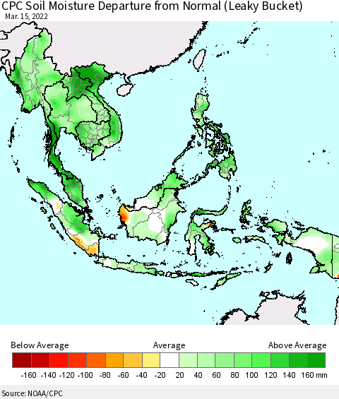 South East Asia CPC Soil Moisture Departure from Normal (Leaky Bucket) Thematic Map For 3/11/2022 - 3/15/2022