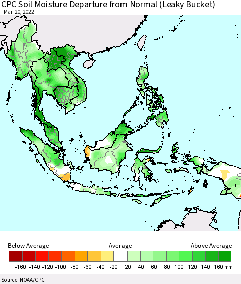 South East Asia CPC Soil Moisture Departure from Normal (Leaky Bucket) Thematic Map For 3/16/2022 - 3/20/2022