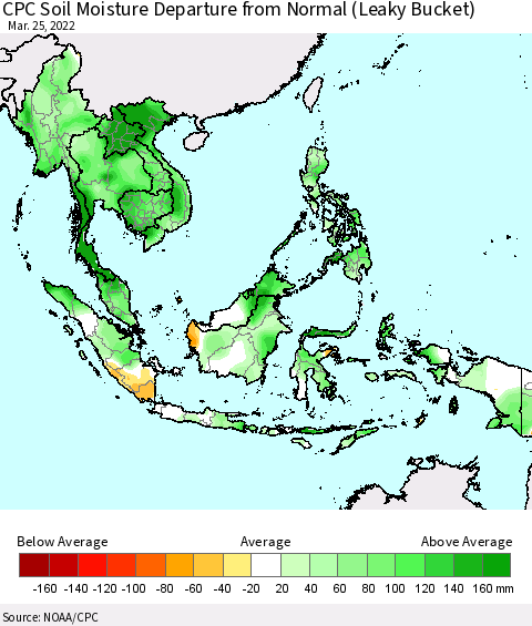 South East Asia CPC Soil Moisture Departure from Normal (Leaky Bucket) Thematic Map For 3/21/2022 - 3/25/2022