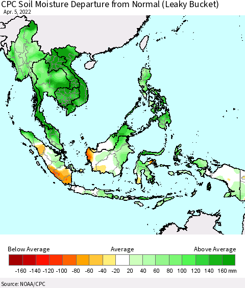 South East Asia CPC Soil Moisture Departure from Normal (Leaky Bucket) Thematic Map For 4/1/2022 - 4/5/2022