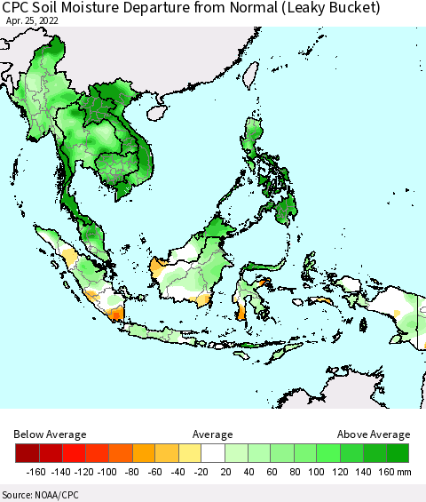 South East Asia CPC Soil Moisture Departure from Normal (Leaky Bucket) Thematic Map For 4/21/2022 - 4/25/2022