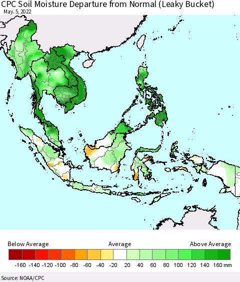 South East Asia CPC Soil Moisture Departure from Normal (Leaky Bucket) Thematic Map For 5/1/2022 - 5/5/2022