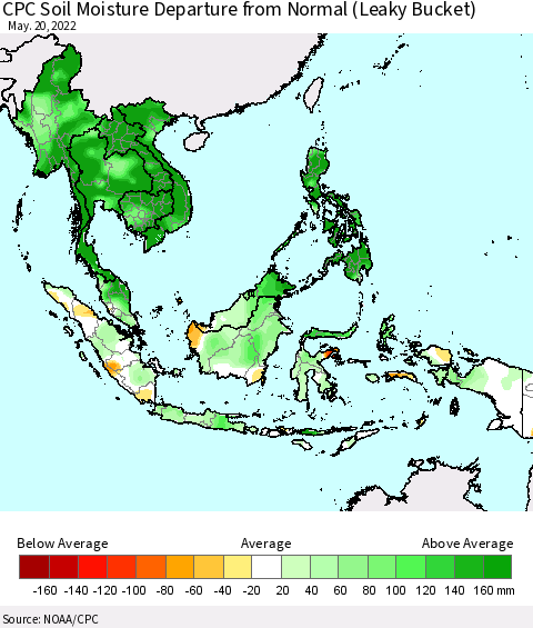 South East Asia CPC Soil Moisture Departure from Normal (Leaky Bucket) Thematic Map For 5/16/2022 - 5/20/2022