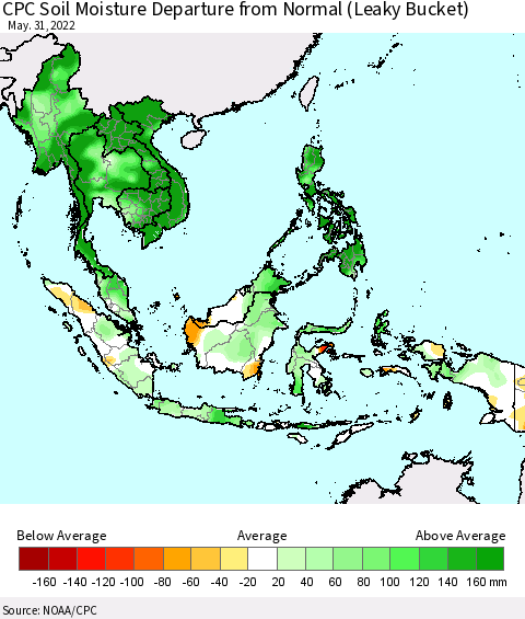 South East Asia CPC Soil Moisture Departure from Normal (Leaky Bucket) Thematic Map For 5/26/2022 - 5/31/2022
