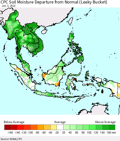 South East Asia CPC Soil Moisture Departure from Normal (Leaky Bucket) Thematic Map For 6/1/2022 - 6/5/2022