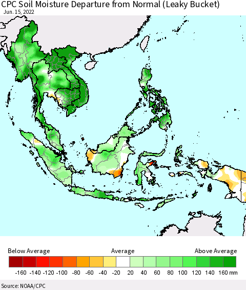 South East Asia CPC Soil Moisture Departure from Normal (Leaky Bucket) Thematic Map For 6/11/2022 - 6/15/2022