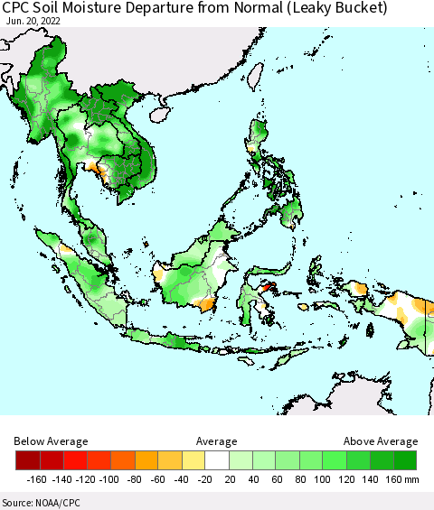South East Asia CPC Soil Moisture Departure from Normal (Leaky Bucket) Thematic Map For 6/16/2022 - 6/20/2022