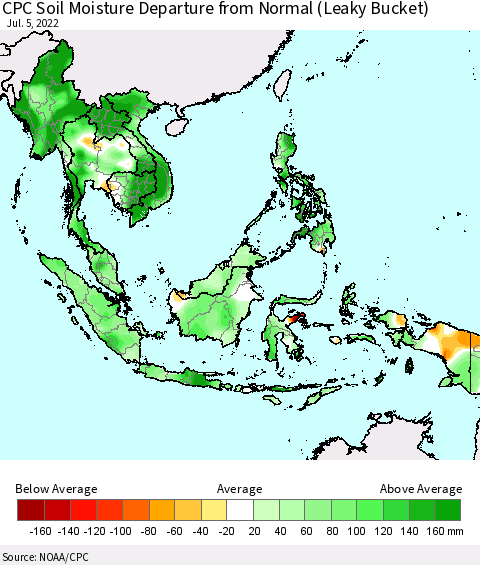 South East Asia CPC Soil Moisture Departure from Normal (Leaky Bucket) Thematic Map For 7/1/2022 - 7/5/2022