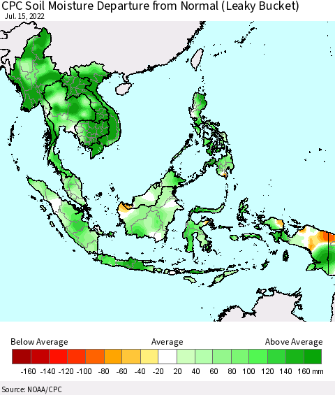 South East Asia CPC Soil Moisture Departure from Normal (Leaky Bucket) Thematic Map For 7/11/2022 - 7/15/2022
