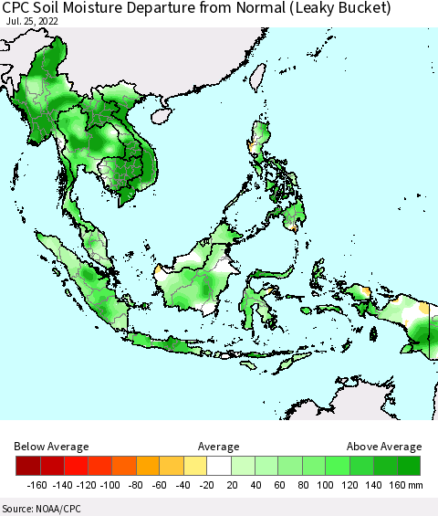 South East Asia CPC Soil Moisture Departure from Normal (Leaky Bucket) Thematic Map For 7/21/2022 - 7/25/2022