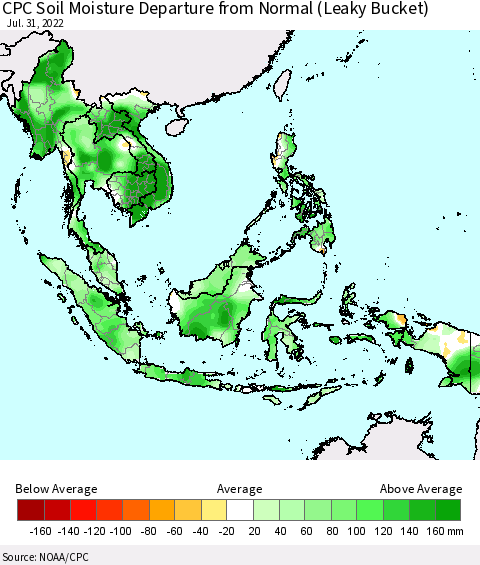 South East Asia CPC Soil Moisture Departure from Normal (Leaky Bucket) Thematic Map For 7/26/2022 - 7/31/2022