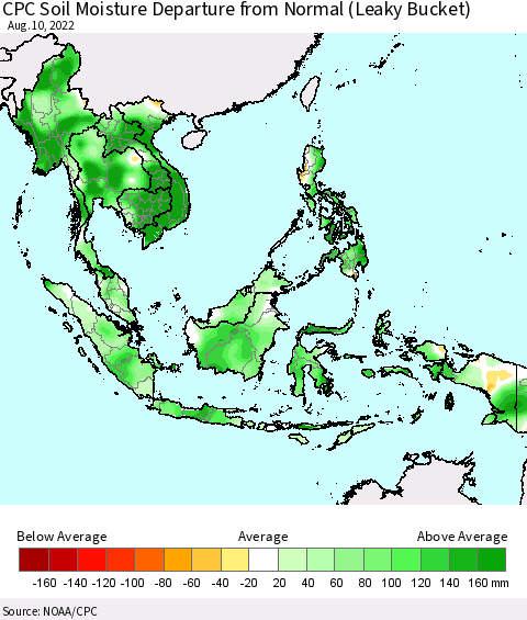 South East Asia CPC Soil Moisture Departure from Normal (Leaky Bucket) Thematic Map For 8/6/2022 - 8/10/2022