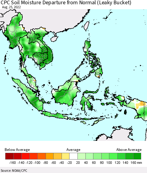 South East Asia CPC Soil Moisture Departure from Normal (Leaky Bucket) Thematic Map For 8/21/2022 - 8/25/2022