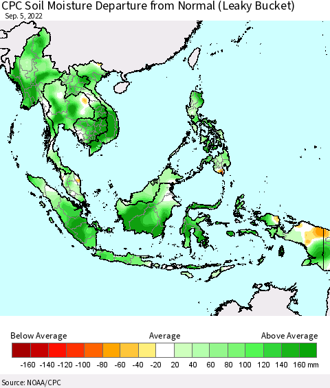South East Asia CPC Soil Moisture Departure from Normal (Leaky Bucket) Thematic Map For 9/1/2022 - 9/5/2022