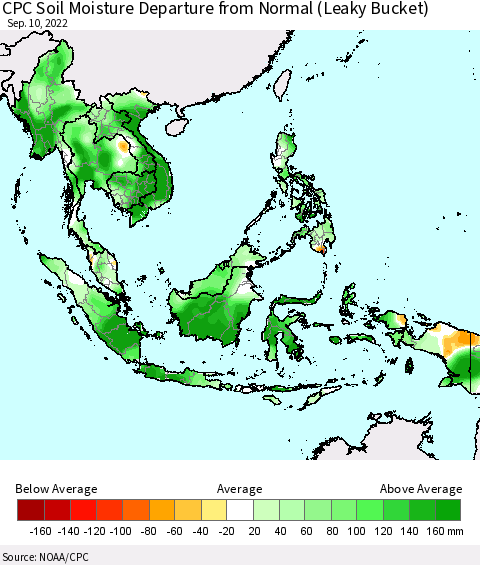 South East Asia CPC Soil Moisture Departure from Normal (Leaky Bucket) Thematic Map For 9/6/2022 - 9/10/2022