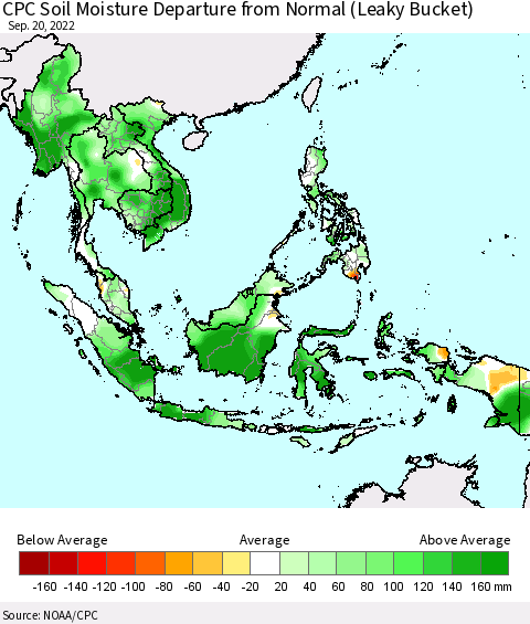 South East Asia CPC Soil Moisture Departure from Normal (Leaky Bucket) Thematic Map For 9/16/2022 - 9/20/2022