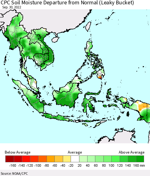 South East Asia CPC Soil Moisture Departure from Normal (Leaky Bucket) Thematic Map For 9/26/2022 - 9/30/2022