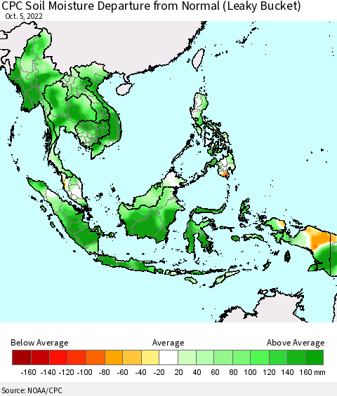 South East Asia CPC Soil Moisture Departure from Normal (Leaky Bucket) Thematic Map For 10/1/2022 - 10/5/2022