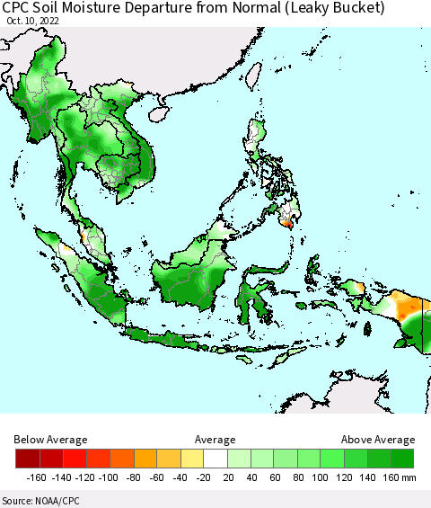 South East Asia CPC Soil Moisture Departure from Normal (Leaky Bucket) Thematic Map For 10/6/2022 - 10/10/2022
