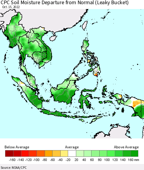 South East Asia CPC Soil Moisture Departure from Normal (Leaky Bucket) Thematic Map For 10/11/2022 - 10/15/2022
