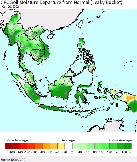 South East Asia CPC Soil Moisture Departure from Normal (Leaky Bucket) Thematic Map For 10/16/2022 - 10/20/2022