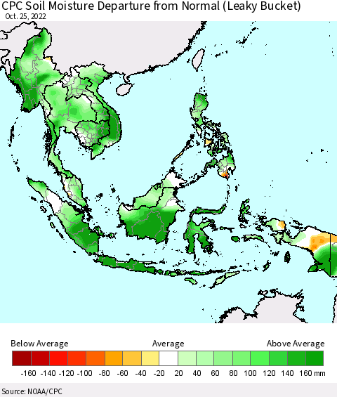 South East Asia CPC Soil Moisture Departure from Normal (Leaky Bucket) Thematic Map For 10/21/2022 - 10/25/2022