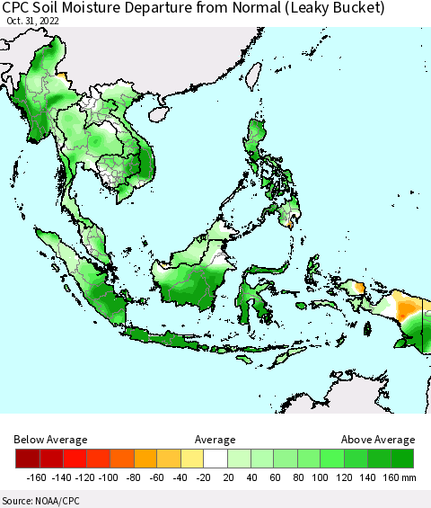 South East Asia CPC Soil Moisture Departure from Normal (Leaky Bucket) Thematic Map For 10/26/2022 - 10/31/2022