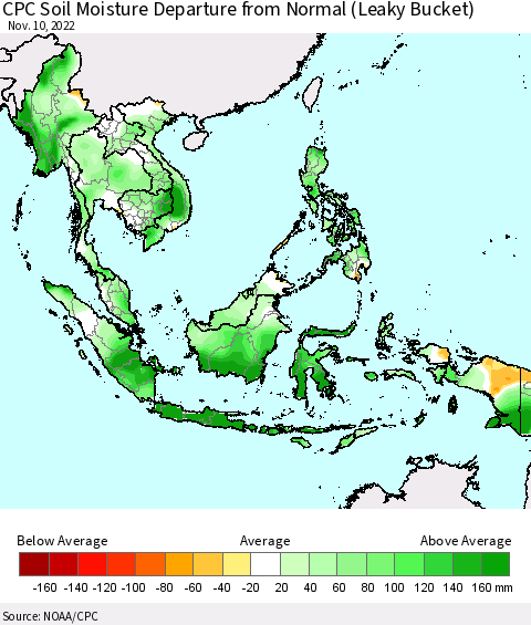 South East Asia CPC Soil Moisture Departure from Normal (Leaky Bucket) Thematic Map For 11/6/2022 - 11/10/2022