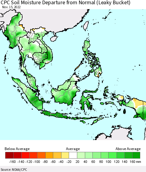 South East Asia CPC Soil Moisture Departure from Normal (Leaky Bucket) Thematic Map For 11/11/2022 - 11/15/2022