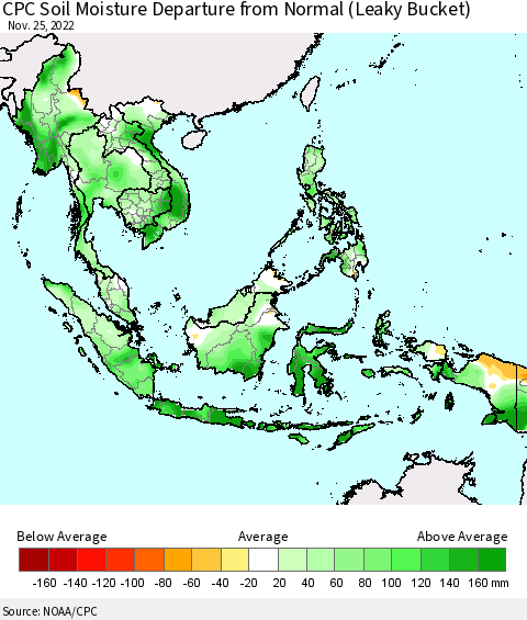 South East Asia CPC Soil Moisture Departure from Normal (Leaky Bucket) Thematic Map For 11/21/2022 - 11/25/2022