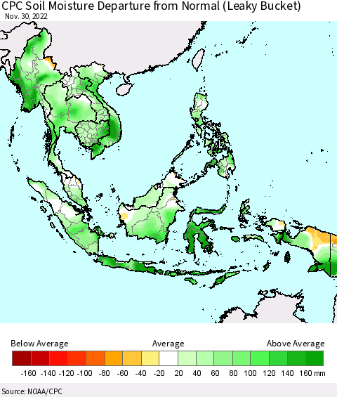 South East Asia CPC Soil Moisture Departure from Normal (Leaky Bucket) Thematic Map For 11/26/2022 - 11/30/2022