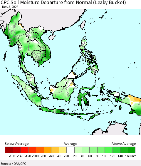 South East Asia CPC Soil Moisture Departure from Normal (Leaky Bucket) Thematic Map For 12/1/2022 - 12/5/2022