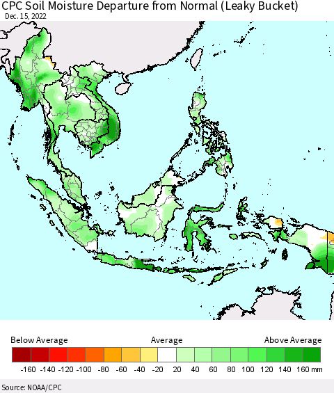 South East Asia CPC Soil Moisture Departure from Normal (Leaky Bucket) Thematic Map For 12/11/2022 - 12/15/2022