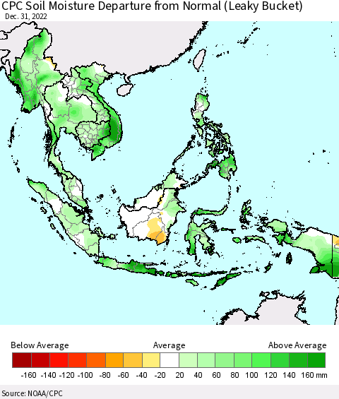 South East Asia CPC Soil Moisture Departure from Normal (Leaky Bucket) Thematic Map For 12/26/2022 - 12/31/2022