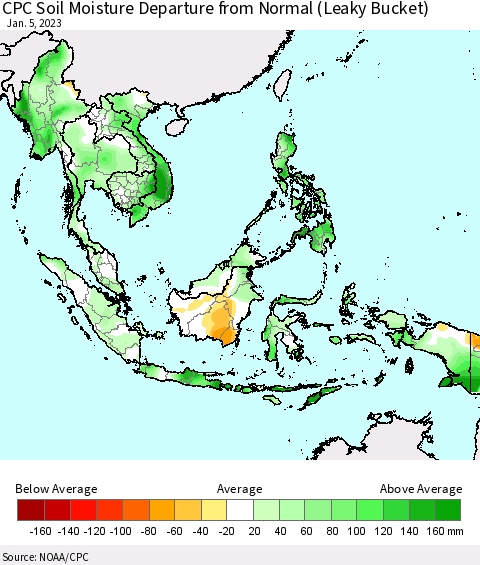 South East Asia CPC Soil Moisture Departure from Normal (Leaky Bucket) Thematic Map For 1/1/2023 - 1/5/2023