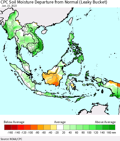 South East Asia CPC Soil Moisture Departure from Normal (Leaky Bucket) Thematic Map For 1/11/2023 - 1/15/2023