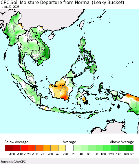 South East Asia CPC Soil Moisture Departure from Normal (Leaky Bucket) Thematic Map For 1/16/2023 - 1/20/2023