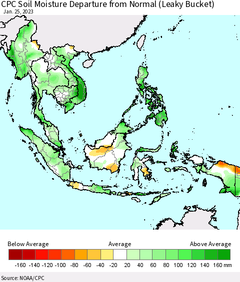 South East Asia CPC Soil Moisture Departure from Normal (Leaky Bucket) Thematic Map For 1/21/2023 - 1/25/2023